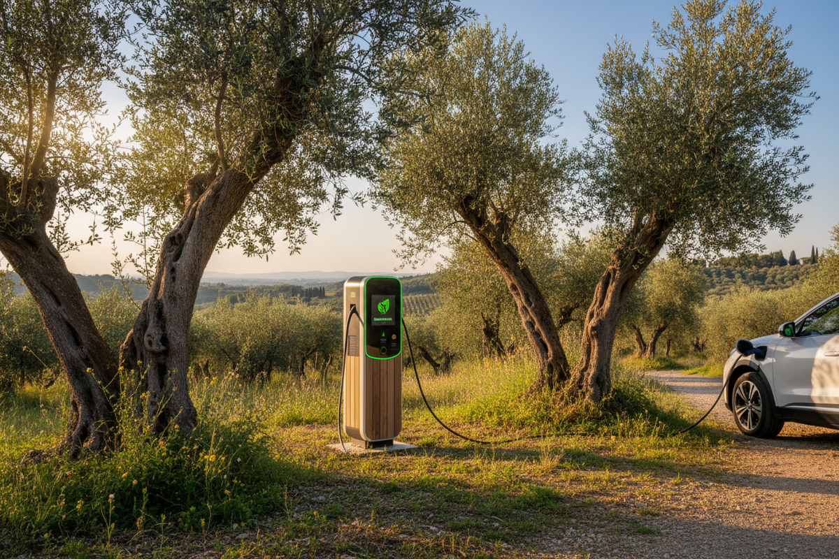 Colonnina ricarica auto elettrica con ulivi
