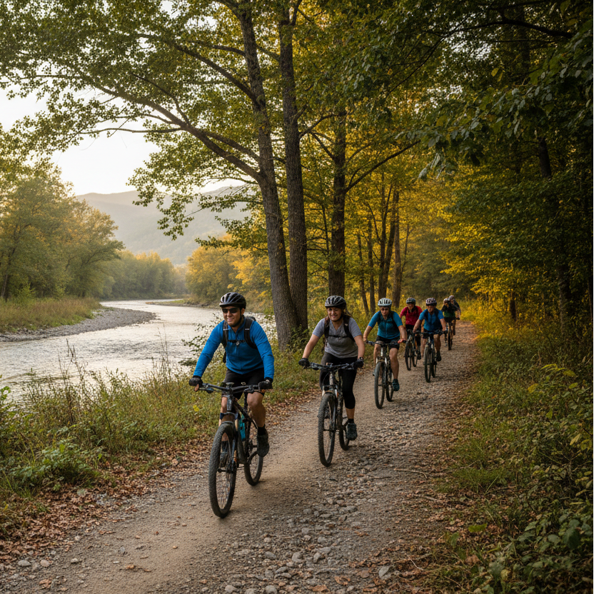 Persone in bici su percorso naturalistico lungo il fiume